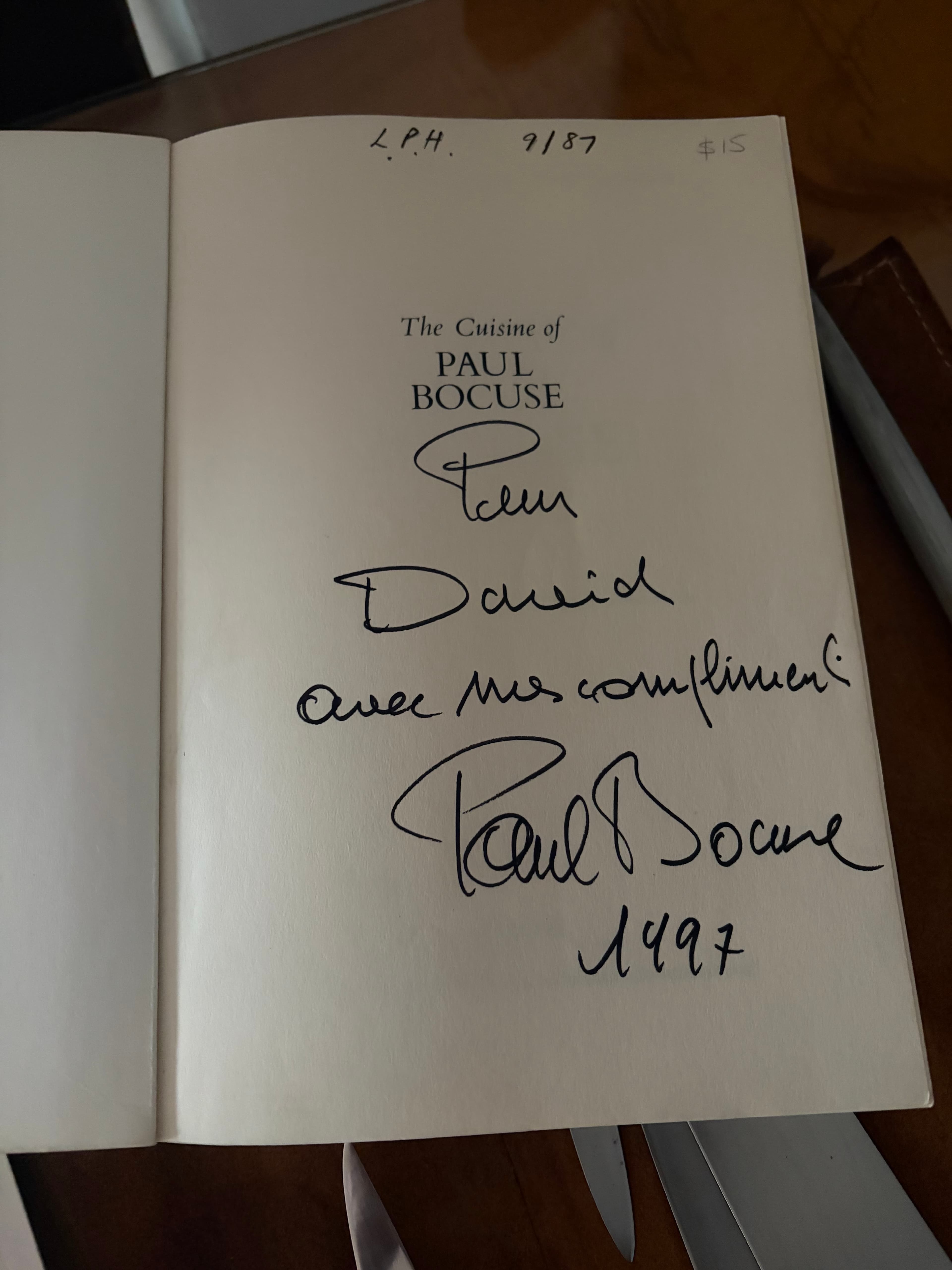 The Cuisine of Paul Bocuse, inscribed "Pour David, avec mes compliments, Paul Bocuse, 1997"